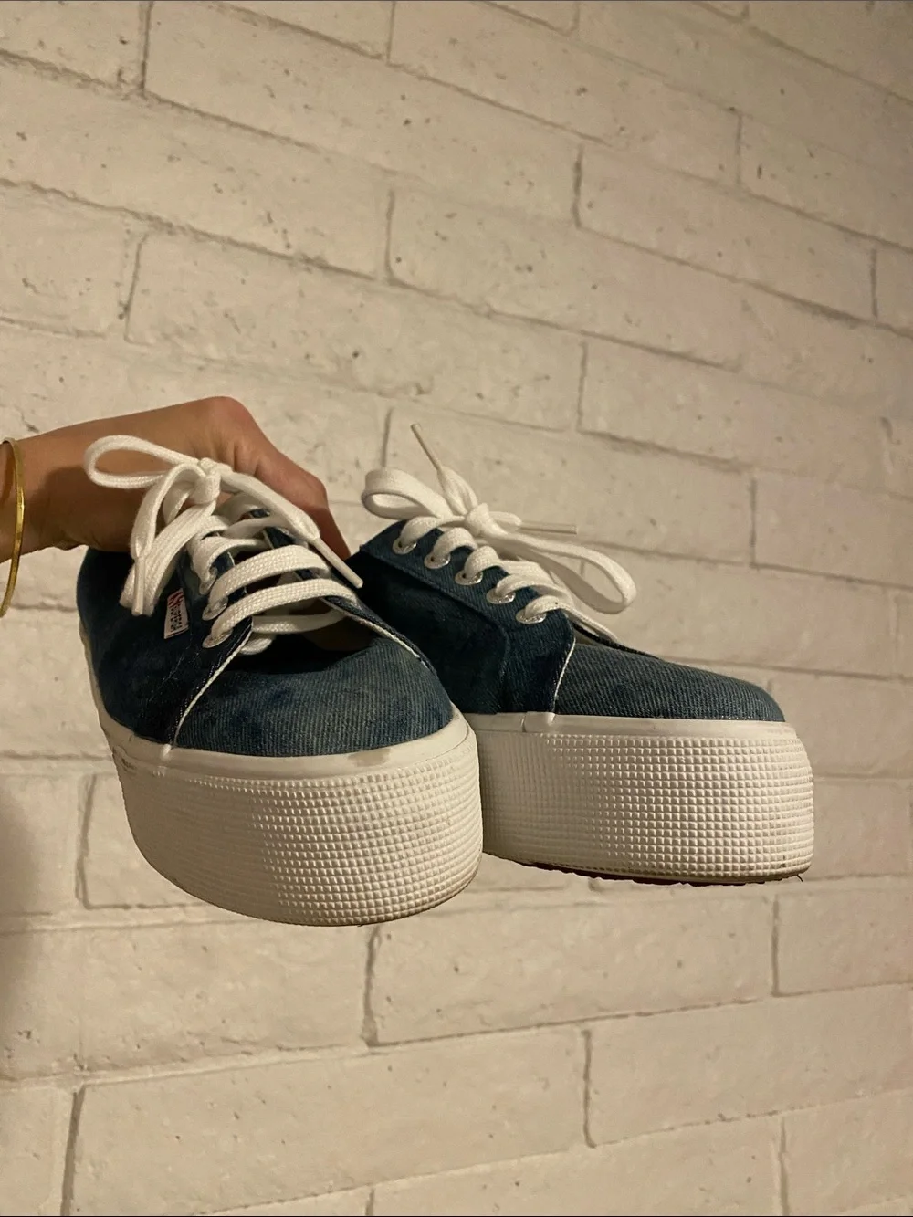 🌼 Superga Denim Lace-Up Platform Sneakers in Dark Blue Excellent Condition